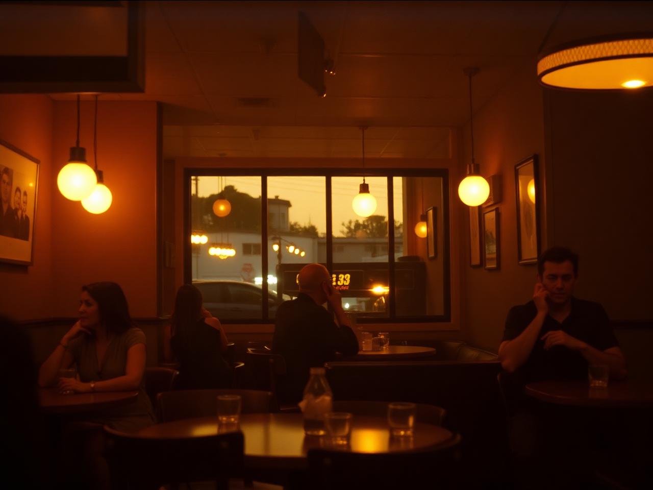 Warm interior of a San Francisco cafe at dusk